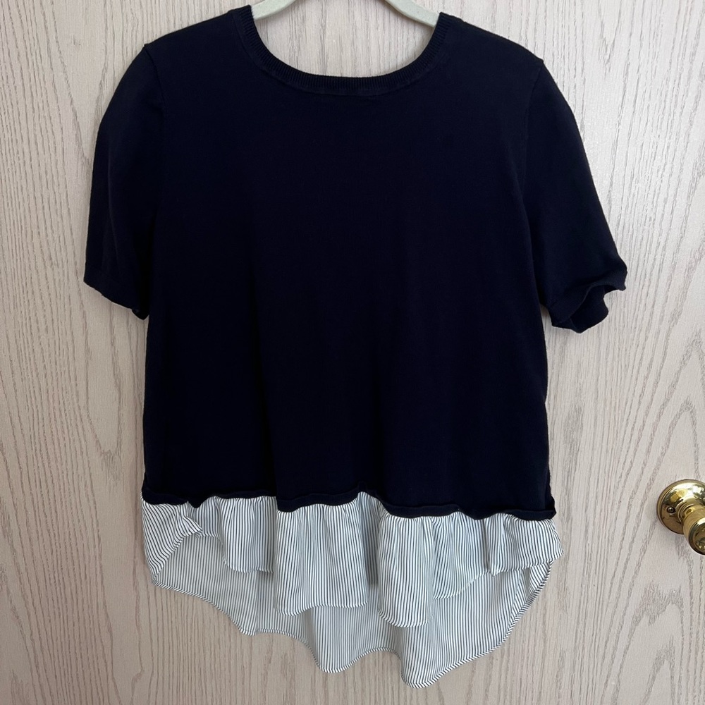 Navy Blue Knit Top with Striped Peplum Detail